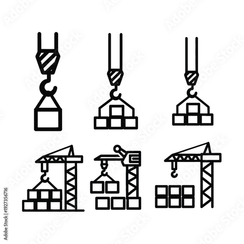 Black and white line of cranes lifting various and stacks of boxes construction industrial