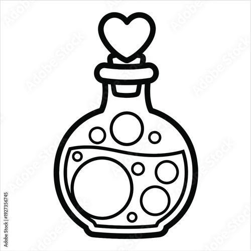 Black and white of a bottle with a heart-shaped stopper and bubbles inside