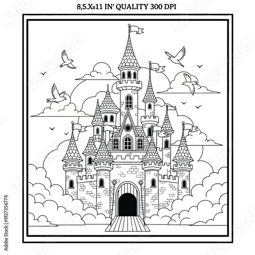 Black and white of a detailed castle with multiple towers and flying birds in the sky