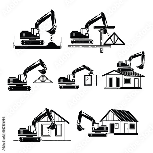 Black and white of an excavator demolishing a house in multiple stages demolition construction