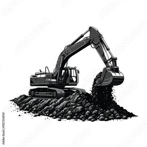 Black and white of an excavator digging and moving a pile of rocks construction machinery