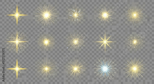 Golden Sparkles and Starbursts Collection: Festive Light Effects on Transparent Background