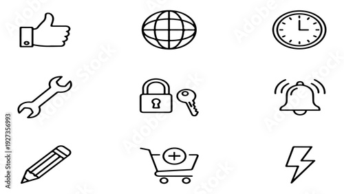 Set of 9 linear user interface icons for web and mobile apps including like, global, clock, settings, security, notification, edit, shopping cart, and energy.