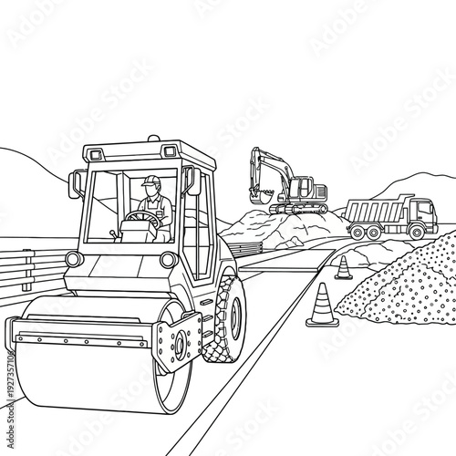 Construction scene with road roller, excavator, dump truck, and worker in a road construction site