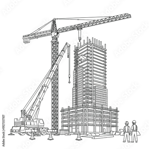 Construction site with crane lifting onto a tall building frame and two workers standing nearby hard hats