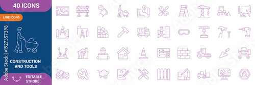 Construction and tools icon set. Containing Build, house repair tools, engineering, builder and etc. Editable stroke. Vector illustration