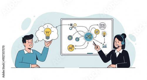 Business people brainstorming ideas on whiteboard with lightbulb concept