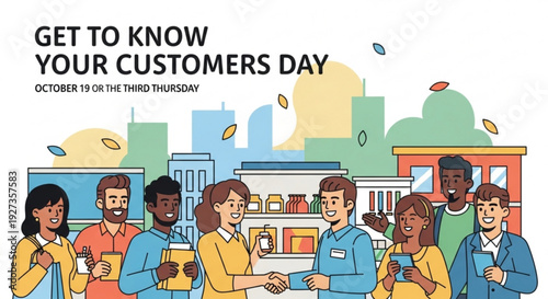 Diverse group of people shaking hands and smiling on get to know your customers day