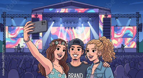Three friends taking a selfie at a vibrant outdoor music festival with a colorful stage