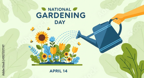 National gardening day illustration with watering can and flowers on april 14 promoting gardening and environmental care