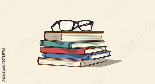 Stack of colorful books with glasses on top flat design illustration on beige background symbolizing reading and learning