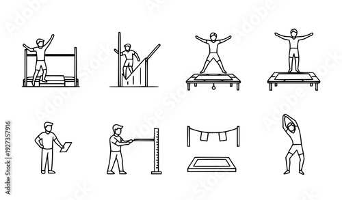 Athletics Jumping Thin Line Icon Set High Jump Pole Vault Trampoline Minimal Vector