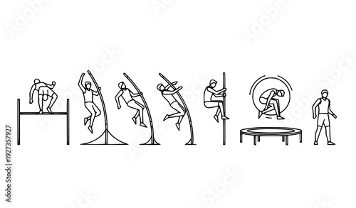 Jumping Sports Motion Thin Outline Icons High Jump Pole Vault Trampoline Vector Set