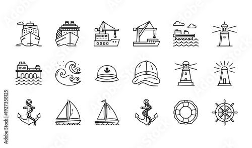 Minimal Cruise and Sea Travel Icons Vector Set Linear Outline Ship Harbor Waves Collection