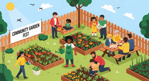 Diverse community gardening together at vibrant community garden festival with flowers and vegetables