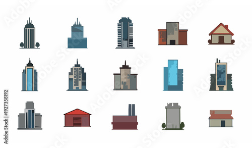 City Buildings Flat Icon Set Vector Skyscraper Apartment Tower Office Minimal Vector Collection