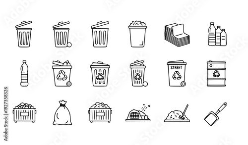 Minimal Garbage Outline Icons Vector Set Waste Trash Recycling Thin Line Collection