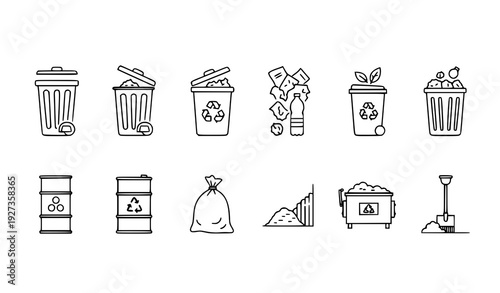 Waste and Garbage Thin Line Vector Icons Minimal Outline Trash Recycling Collection