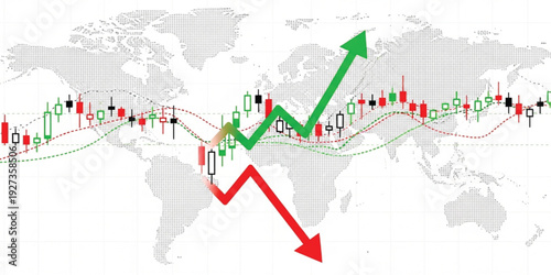 Global Stock Market Up and Down Trend with World Map Background, Financial Trading Volatility and Investment Risk Analysis Concept for Business and Economy Design