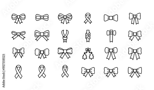 Elegant Ribbon and Bow Tie Thin Line Icon Set Pixel Perfect Minimal Vector Pictograms
