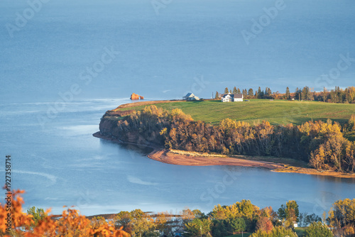 Aerial view of the countryside of rural  Nova Scotia's Annapolis Valley with farms, orchards and the Bay of Funday.