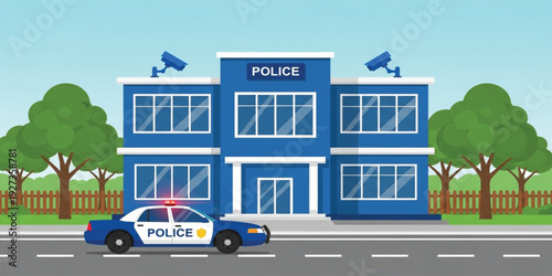 Modern Police Station Building with Patrol Car and Security Cameras Representing Law Enforcement, Public Safety, Surveillance, and Government Protection Services Illustration