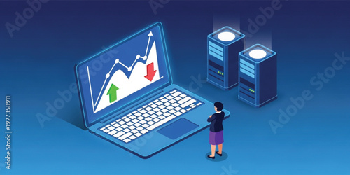 Stock Market Analysis Concept with Laptop Financial Chart and Data Servers, Business Investment Strategy and Digital Trading Technology Illustration for Fintech Design