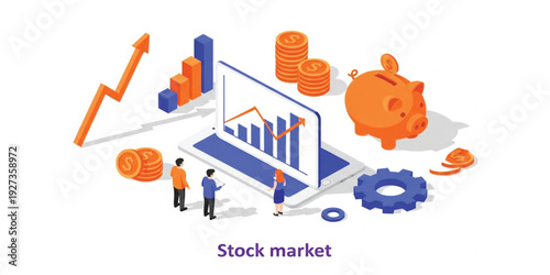 Stock Market Investment Growth Concept with Financial Charts on Tablet, Piggy Bank Savings, Coins, and Business People Analyzing Data for Wealth Management Illustration