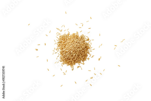 Closeup of a pile of organic brown rice isolated on a transparent background without shadow from above, top view, png
