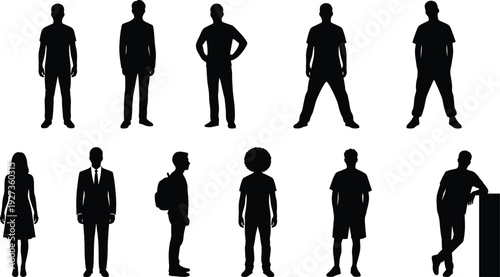 Set of black silhouettes of people in various poses, including business professionals, students, and casual men and women