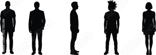 Set of five diverse human silhouettes including businessman, casual man, profile view, man with mohawk, and elegant woman