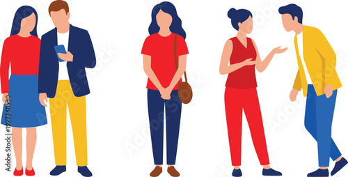 Vector illustration of diverse people standing together, young woman in red t-shirt, couple using phone, and friends talking