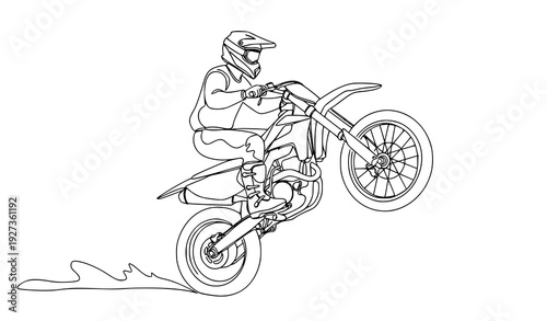 Continuous line motocross wheelie stunt vector illustration
