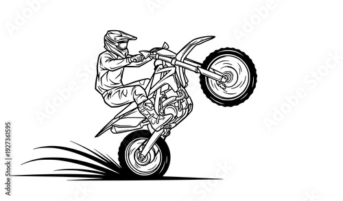Stylized motocross wheelie action outline vector