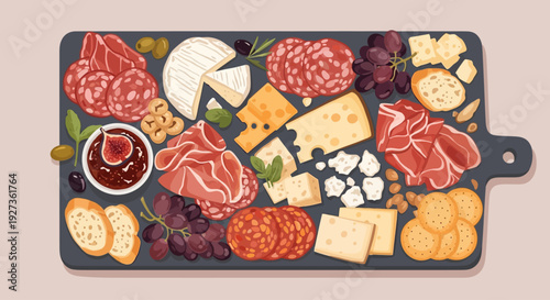 A beautifully arranged charcuterie board featuring an assortment of gourmet cheeses, cured meats, fresh fruits, crackers, and olives, perfect for entertaining.