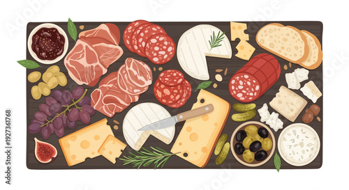 A gourmet charcuterie board showcasing a rich assortment of cheeses, cured meats, fresh fruits, olives, and bread.