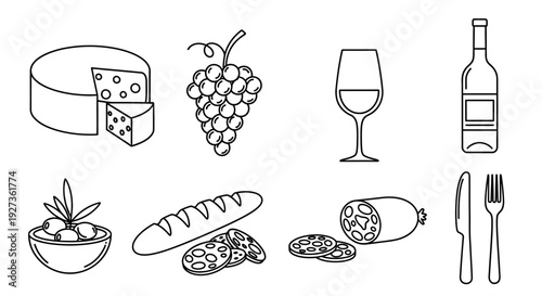Line art icons of various food and drink items including cheese, grapes, wine, olives, bread, and salami with cutlery.
