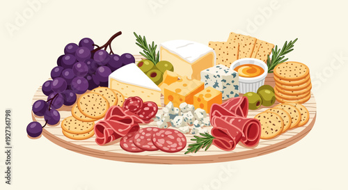 A beautifully arranged charcuterie and cheese board with grapes, crackers, meats, and honey.