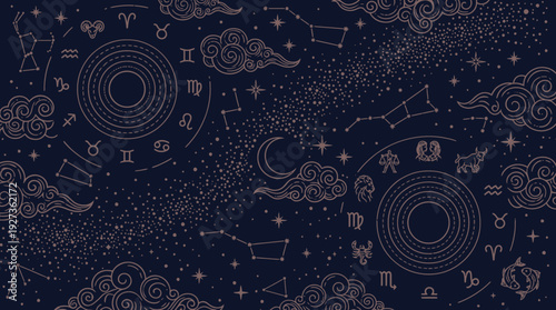 Elegant Celestial Astrological Seamless Pattern: Zodiac Signs, Stars, Moon & Clouds on Dark Blue
