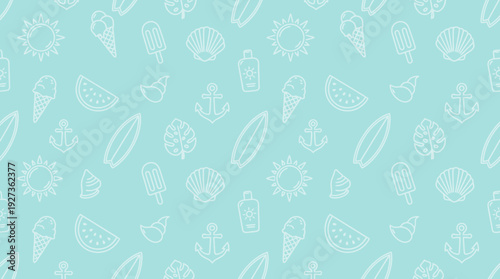 Summer Vacation Seamless Pattern with Beach and Tropical Outline Icons on Light Blue Background