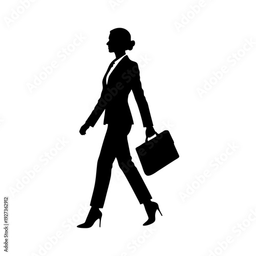 Full body silhouette of a professional businesswoman walking confidently holding a briefcase in one hand
