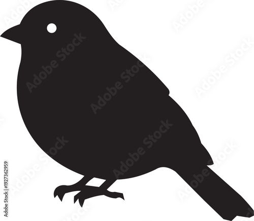 Black silhouette of a plump small bird on white background