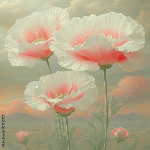 Pastel pink and white poppies against a serene sunset landscape