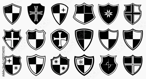 Medieval Heraldic Shields Collection: Black and White Vector Icons for Emblems and Badges