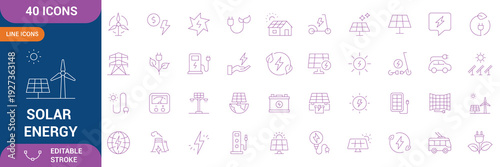 Solar Energy Icons Set. Solar Energy Icons Pixel Perfect. Containing solar panels, energy, generator, solar panels, sun, and etc. Editable stroke. Vector illustration