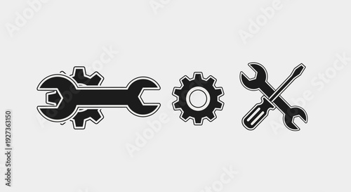 Industry Tools Icons: Wrench, Gear, Screwdriver Set