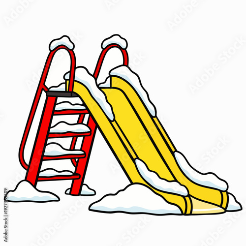 Vibrant yellow and red playground slide covered in fresh white snow, depicting a chilly winter scene in a park or outdoor play area, ready for seasonal fun.