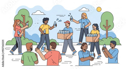 People enjoying cold drinks on a sunny day outdoors in a park with trees and a blue sky