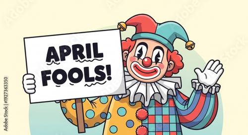 Colorful clown holding april fools sign with playful gesture on pale background