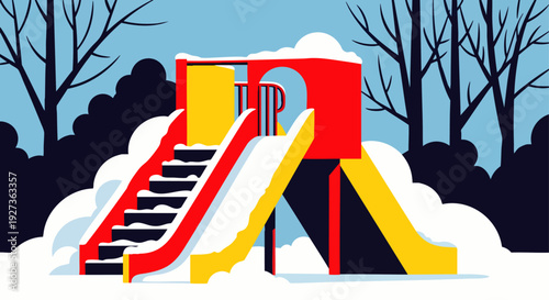 Colorful children's playground covered in pristine white snow during a serene winter day, with bare trees in the background, flat vector illustration.